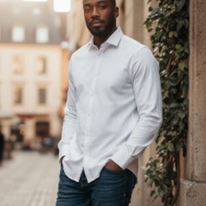 EUC David Donahue Trim Fit White Dobby Check Dress Shirt 15.5 32/33 Luxury!